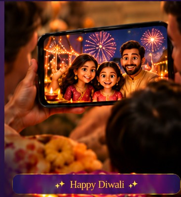Parents and their daughter watching an animated Diwali celebration on a landscape phone