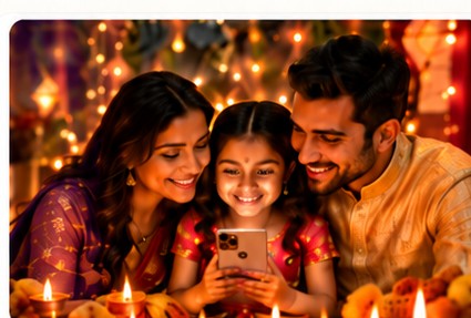 Family smiling together over their phone surrounded by Diwali candles